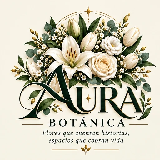 Logotipo de Aura Botánica con el eslogan: Flores que cuentan historias, espacios que cobran vida